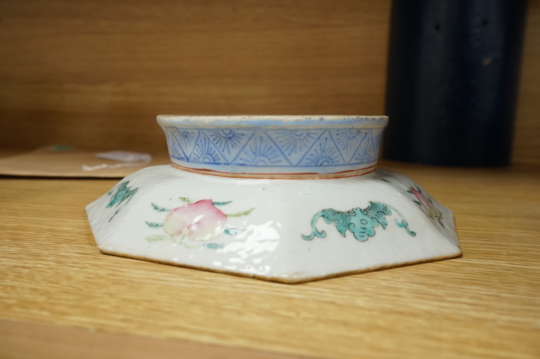 A Chinese ‘Yin-Yang and eight trigrams’ octagonal footed dish, Tongzhi (1862-74) mark and of the period, 18cm wide with accompanying notes on the dish